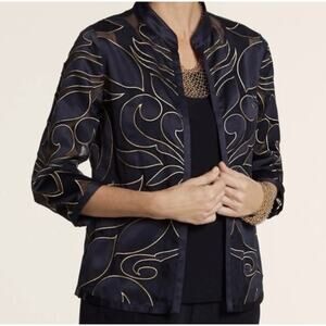 NEW Chico's Travelers Aplique Jacket Open Embroidered Sheer Navy Gold Medium